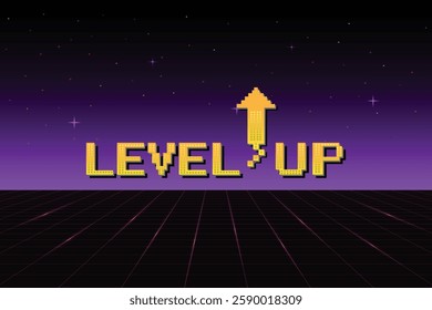 LEVEL UP. pixel art .8 bit game. Retro Futurism Sci-Fi Background. glowing neon grid. and stars from vintage arcade computer games
