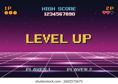 LEVEL UP. pixel art .8 bit game. Retro cyberpunk style 80s game scene pixel art 8-bit sci-fi background. glowing neon grid and stars from vintage arcade computer games.