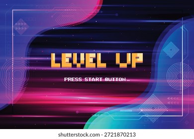 LEVEL UP. pixel art. juego de 8 bits. Fondo de ciencia ficción de futurismo retro. rejilla de neón brillante. y estrellas de juegos de computadora arcade vintage