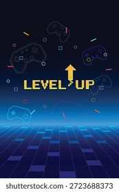 Nivel arriba. Pixel Art 8 bit. Retro Futurismo Sci-Fi Fondo. brillante neón grid. y estrellas de juegos de ordenador arcade vintage. Fondos de Vertical