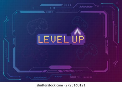 LEVEL UP. pixel art 8 bits. Fondo de ciencia ficción de futurismo retro. rejilla de neón brillante. y estrellas de juegos de computadora arcade vintage