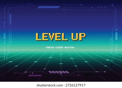 LEVEL UP. pixel art 8 bits. Fondo de ciencia ficción de futurismo retro. rejilla de neón brillante. y estrellas de juegos de computadora arcade vintage