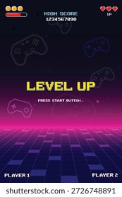 Nivel arriba. Pixel Art 8 bit. Retro Futurismo Sci-Fi Fondo. brillante neón grid. y estrellas de juegos de ordenador arcade vintage. Fondos de Vertical