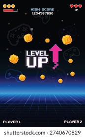Level up. pixel art 8 bit. Retro Futurism Sci-Fi Background. glowing neon grid. and stars from vintage arcade computer games. Vertical Backgrounds