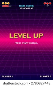 Level up. pixel art 8 bit. Retro Futurism Sci-Fi Background. glowing neon grid. and stars from vintage arcade computer games. Vertical Backgrounds