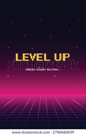 Level up. pixel art 8 bit. Retro Futurism Sci-Fi Background. glowing neon grid. and stars from vintage arcade computer games. Vertical Backgrounds