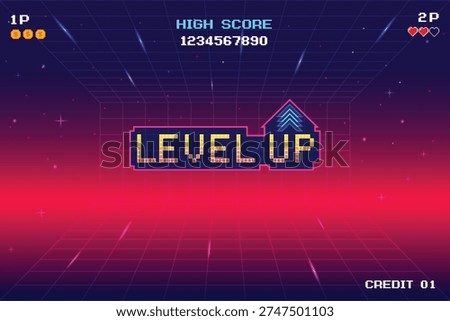 LEVEL UP. pixel art. 8 bit game. retro game. Retro Futurism Sci-Fi Background. glowing neon grid and stars from vintage arcade computer games