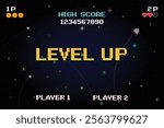 LEVEL UP. pixel art .8-bit game. Retro Futurism Sci-Fi Background. glowing neon grid. and stars from vintage arcade computer games