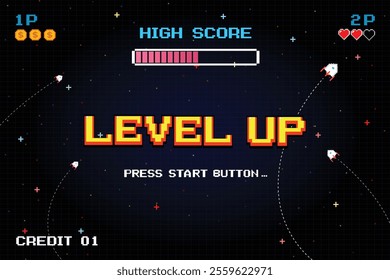 LEVEL UP. pixel art .8-bit game. Retro Futurism Sci-Fi Background. glowing neon grid. and stars from vintage arcade computer games