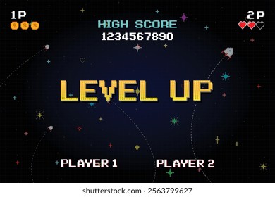 LEVEL UP. pixel art .8-bit game. Retro Futurism Sci-Fi Background. glowing neon grid. and stars from vintage arcade computer games