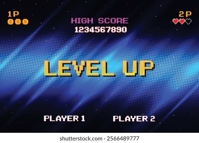 LEVEL UP. pixel art .8-bit game. Retro Futurism Sci-Fi Background. glowing neon grid. and stars from vintage arcade computer games