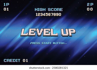 LEVEL UP. pixel art .8-bit game. Retro Futurism Sci-Fi Background. glowing neon grid. and stars from vintage arcade computer games