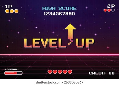 LEVEL UP. pixel art .8-bit game. Retro Futurism Sci-Fi Background. glowing neon grid. and stars from vintage arcade computer games