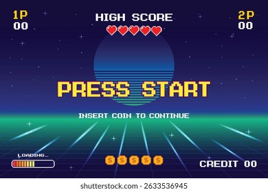 LEVEL UP. pixel art .8-bit game. Retro Futurism Sci-Fi Background. glowing neon grid. and stars from vintage arcade computer games
