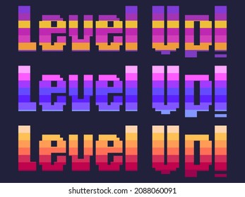 Level up! pixel art. Achievement in the game, leveling up. Text in 8-bit retro video game style from 80s - 90s. Design for printing, wrapping paper and advertising. Vector illustration