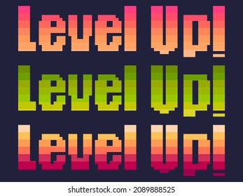 Level up! pixel art. Achievement in the game, leveling up. Text in 8-bit retro video game style from 80s - 90s. Design for printing, wrapping paper and advertising. Vector illustration