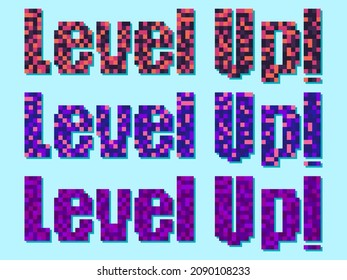Level up! pixel art. Achievement in the game, leveling up. Text in 8-bit retro video game style from 80s - 90s. Design for printing, wrapping paper and advertising. Vector illustration