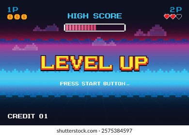 LEVEL UP. pixel art background. 8 bit game. retro game. for game assets in vector illustrations. Retro Futurism Sci-Fi Background. glowing neon grid and stars from vintage arcade comp