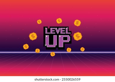 LEVEL UP. pixel art. Retro Futurism Sci-Fi Background. glowing neon grid. and stars from vintage arcade computer games