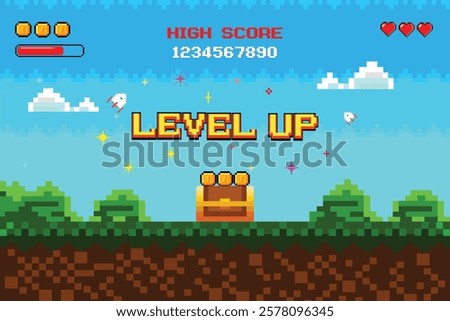 Level up. Pixel game with screen. Retro 8 bit video game interface natural landscape with blue sky, trees and green grass. Pixelated 8 bit video-game.