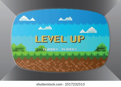 Nível Acima. Jogadores. Pixel Jogo Fundo Paisagem Natural com Céu Azul, Árvores e Grama Verde Pixel 8-Bit Video Game. Fundo da tela.	