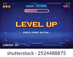 LEVEL UP. press start button. pixel art .8 bit game. retro game. for game assets .Retro Futurism Sci-Fi Background. glowing neon grid. and stars from vintage arcade computer games