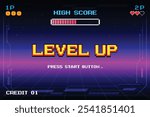 LEVEL UP. press start button. pixel art .8 bit game. retro game. for game assets in vector illustrations.