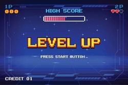 LEVEL UP. press start button. pixel art .8 bit game. retro game. for game assets .Retro Futurism Sci-Fi Background. glowing neon grid. and stars from vintage arcade computer games