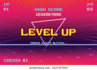 LEVEL UP. press start button. pixel art .8 bit game. retro game. for game assets in vector illustrations.	