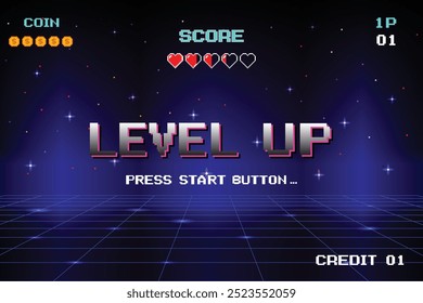 LEVEL UP. Start-Taste drücken. Pixel Art 8-Bit-Spiel. Retro-Spiel. für Spielelemente in Vektorgrafiken.