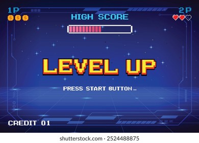 LEVEL UP. Start-Taste drücken. Pixel Art 8-Bit-Spiel. Retro-Spiel. für Spielobjekte .Retro Futurism Sci-Fi Background. Leuchtendes Neonraster. und Stars aus Vintage Arcade Computerspiele