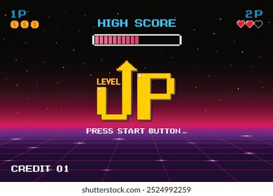 LEVEL UP. pulse el Botón de inicio. pixel art. juego de 8 bits. juego retro. para activos de juego. fondo de ciencia ficción de futurismo retro. rejilla de neón brillante. y estrellas de juegos de computadora arcade vintage