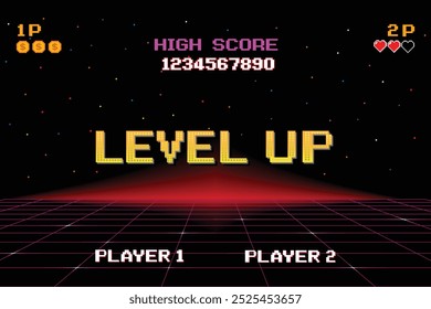 LEVEL UP. pulse el Botón de inicio. pixel art. juego de 8 bits. juego retro. para activos de juego. fondo de ciencia ficción de futurismo retro. rejilla de neón brillante. y estrellas de juegos de computadora arcade vintage