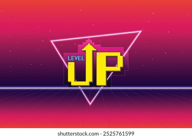 LEVEL UP. pulse el Botón de inicio. pixel art. juego de 8 bits. juego retro. para activos de juego. fondo de ciencia ficción de futurismo retro. rejilla de neón brillante. y estrellas de juegos de computadora arcade vintage