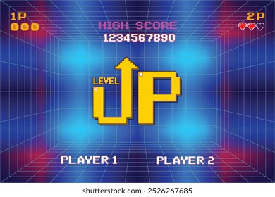 NIVELEZ VERS LE HAUT. appuyez sur bouton. jeu de pixel art .8 bit. jeu rétro. pour les ressources du jeu .Arrière-plan rétro futuriste science-fiction. grille au néon incandescent. et des étoiles de jeux d'arcade vintage