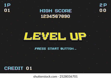 LEVEL UP. press start button. pixel art .8 bit game. retro game. for game assets in vector illustrations.