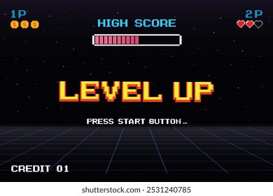 LEVEL UP. pressione o botão iniciar. pixel art jogo de 0,8 bits. jogo retrô. para os recursos do jogo em ilustrações vetoriais.