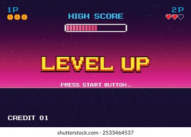 LEVEL UP. press start button. pixel art .8 bit game. retro game. for game assets in vector illustrations.