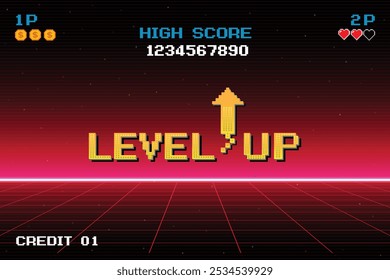 LEVEL UP. press start button. pixel art .8 bit game. retro game. for game assets in vector illustrations.