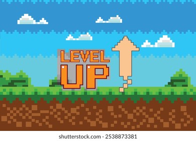 LEVEL UP. Start-Taste drücken. Pixel-Spiel Hintergrund natürliche Landschaft mit blauem Himmel, Bäume und grünes Gras Pixel 8-Bit-Videospiel