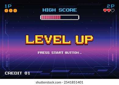 LEVEL UP. press start button. pixel art .8 bit game. retro game. for game assets in vector illustrations.