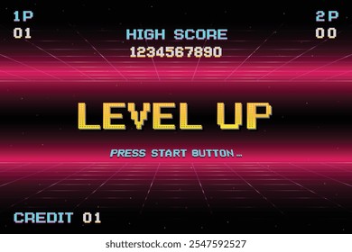 NIVELEZ VERS LE HAUT. appuyez sur bouton. Arrière-Plan Futurisme Rétro Sci-Fi. grille au néon incandescent. et des étoiles de jeux d'arcade vintage
