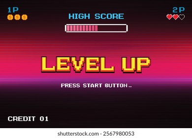 LEVEL UP. press start button. pixel art .8 bit game. retro game. for game assets in vector illustrations.