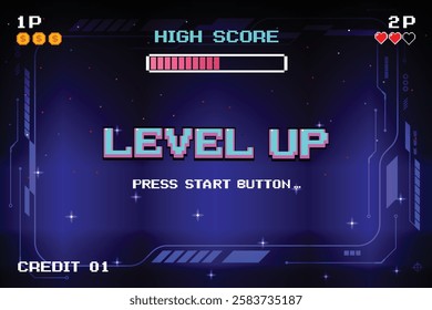 LEVEL UP. press start button. pixel art. 8 bit game. retro game. for game assets in vector illustrations.