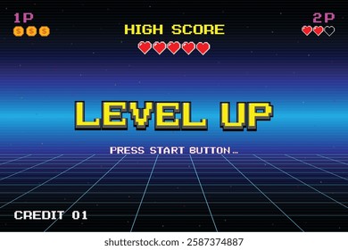 LEVEL UP. press start button. Retro Futurism Sci-Fi Background. glowing neon grid. and stars from vintage arcade computer games