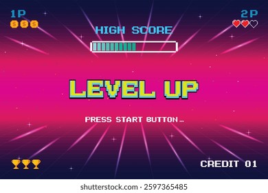 LEVEL UP. press start button. pixel art .8 bit game. Retro cyberpunk style 80s game scene pixel art 8-bit sci-fi background. glowing neon grid and stars from vintage arcade computer games.