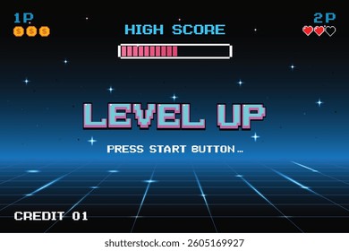 LEVEL UP. press start button. pixel art .8 bit game for game assets in vector illustrations. Retro Futurism Sci-Fi Background. glowing neon grid. and stars from vintage arcade comp