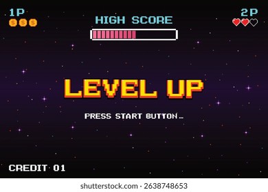 LEVEL UP. press start button. pixel art .8 bit game. retro game. for game assets in vector illustrations.