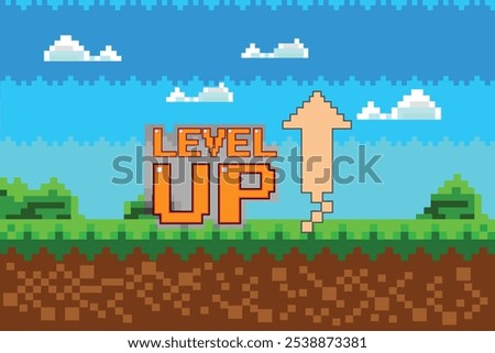LEVEL UP. press start button. Pixel Game Background Natural Landscape with Blue Sky, Trees and Green Grass Pixel 8-Bit Video Game