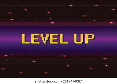 LEVEL UP. retro cyberpunk pixel art game scene from the 80s. Dark pink 8-bit sci-fi background. Glowing neon grid and stars from a vintage arcade computer game.
